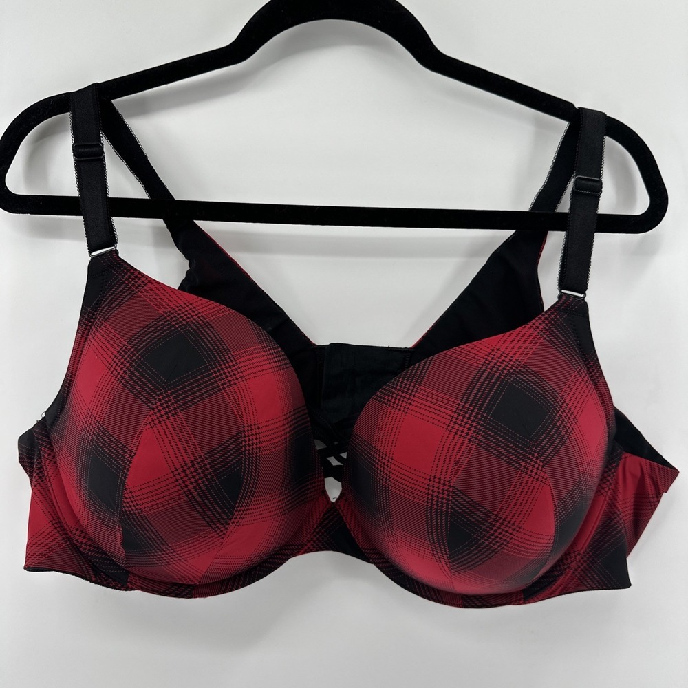 Torrid Size 46C  PUSH-UP PLUNGE Bra Red & Black plaid with Smoothing back